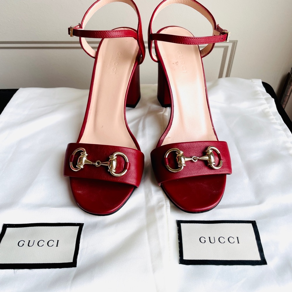 【Gucci】 Leather Horsebit Open Toe Block Heel Ankle Strap Sandals Size 36.5